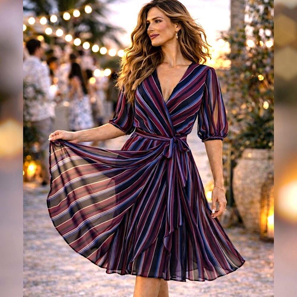 Lane Bryant 14 Faux Wrap Dress Plum Navy Stripe Sheer Belted Split Puff Sleeve